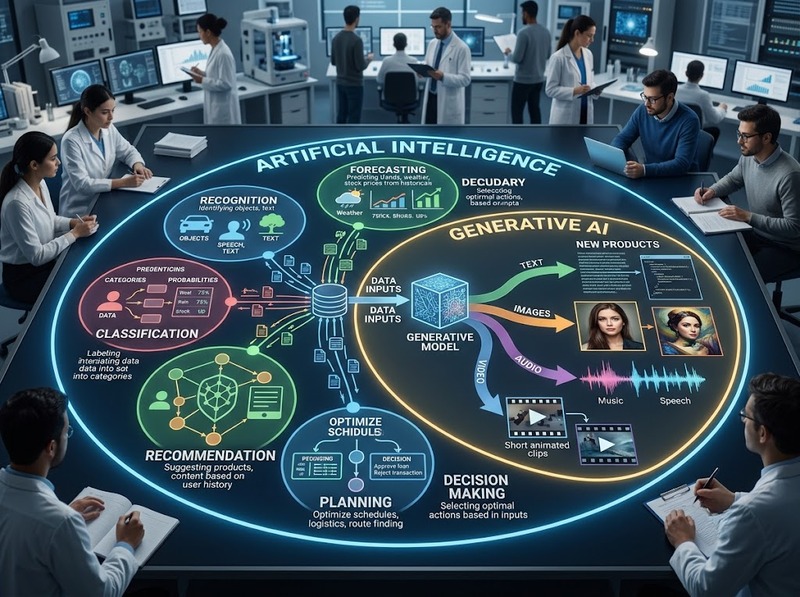 AI và Generative AI khác nhau về mục tiêu, dữ liệu và đầu ra