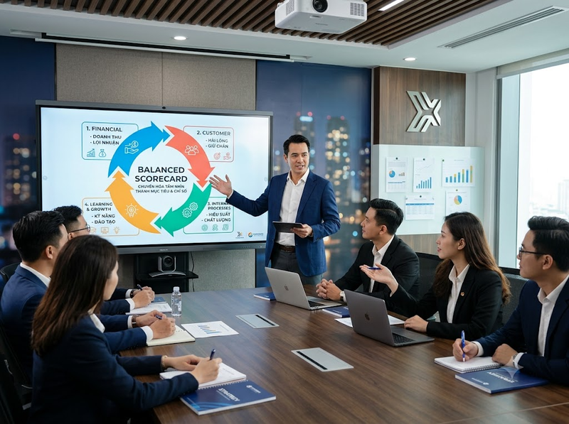 Balanced Scorecard cân bằng tài chính, khách hàng, quy trình và năng lực