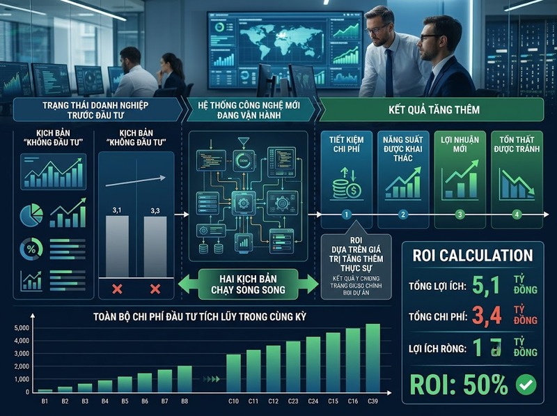ROI công nghệ doanh nghiệp được xác định từ lợi ích và tổng chi phí đầu tư