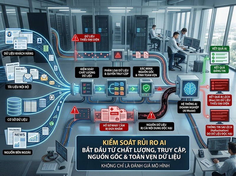 Rủi ro AI về dữ liệu, sai lệch, bảo mật và trách nhiệm được quản lý thế nào?