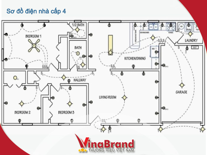 Sơ đồ đi dây điện âm tường nhà cấp 4 thợ điện hay dùng